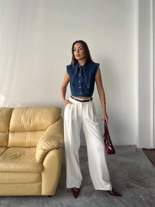 💙 Blouse en denim SIENA avec col long - Chemise bohème boutonnée