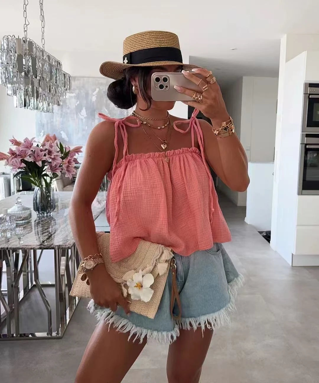 Top NAHIA – Gaze de coton & bretelles réglables (Taille unique)