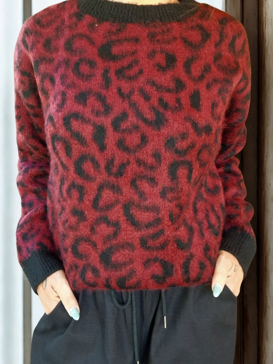 Pull Leopard Bordeaux & Noir – Ultra Doux, Taille Unique
