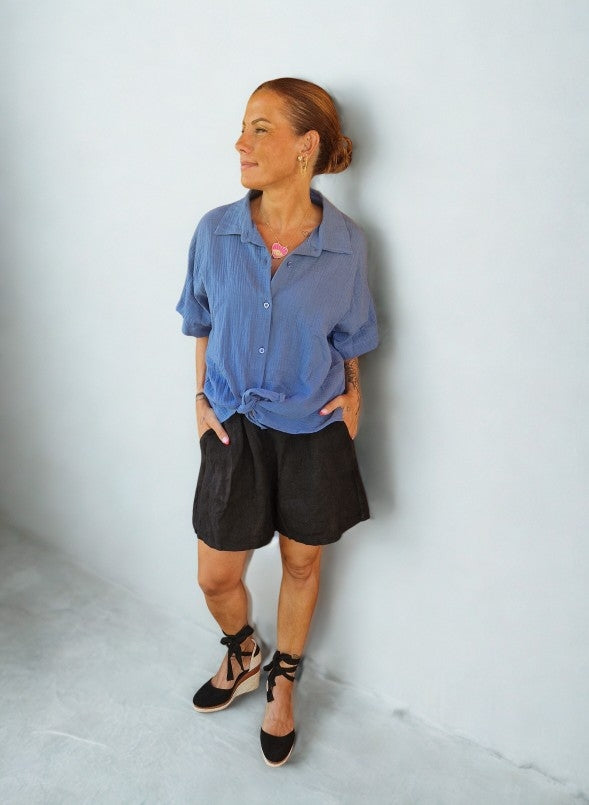 Chemise CALYPSO – Gaze de Coton Bleu Jean à Nouer