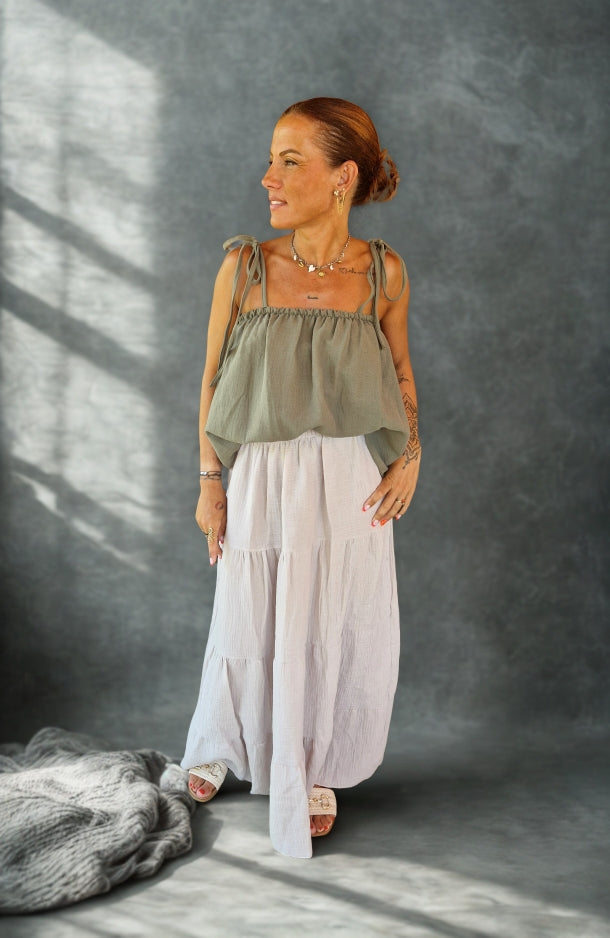 Jupe DOLCE – Gaze de coton beige, taille unique 34-42