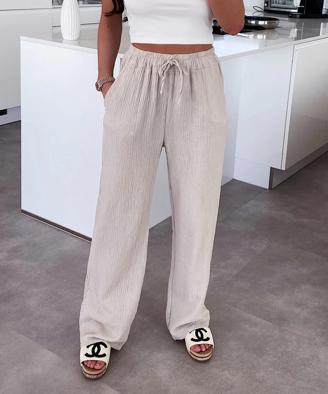 Pantalon SOLEA – Gaze de Coton Beige Taille Unique