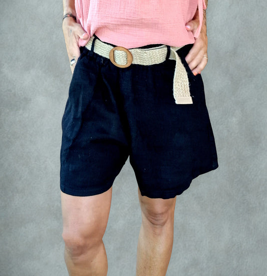 Short LINA NOIR – 100 % lin premium & ceinture naturelle