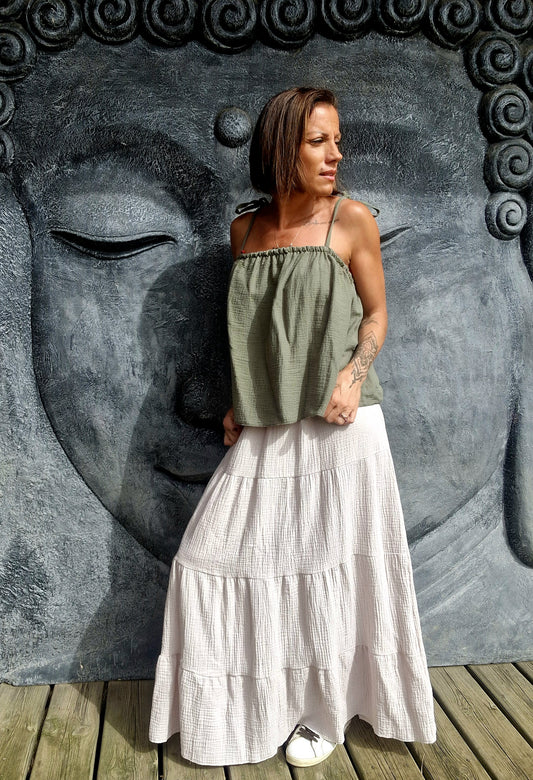 Jupe DOLCE – Gaze de coton beige, taille unique 34-42