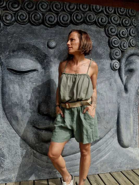 Top NAHIA KAKI – Gaze de coton & bretelles (Taille unique)