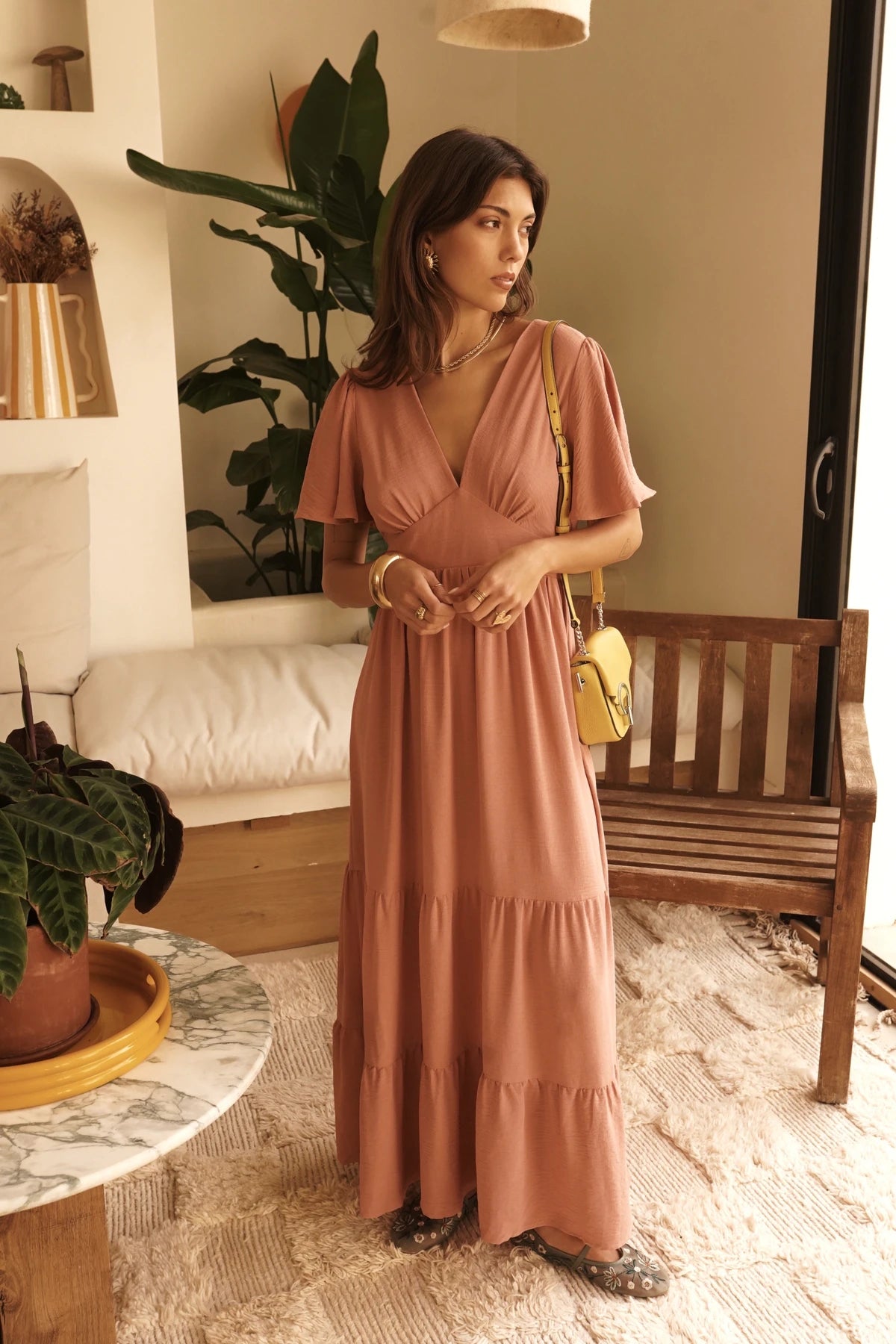 Robe “SOLEA” – Robe fluide col cache-cœur vieux rose