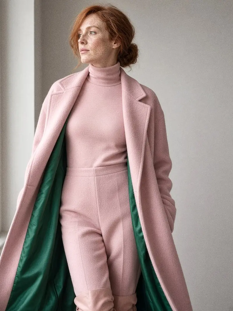 Illustration, mannequin fictif : Détail d'un manteau rose poudré ouvert en marchant, laissant apparaître une doublure en satin vert émeraude, porté sur un col roulé et un pantalon rose.