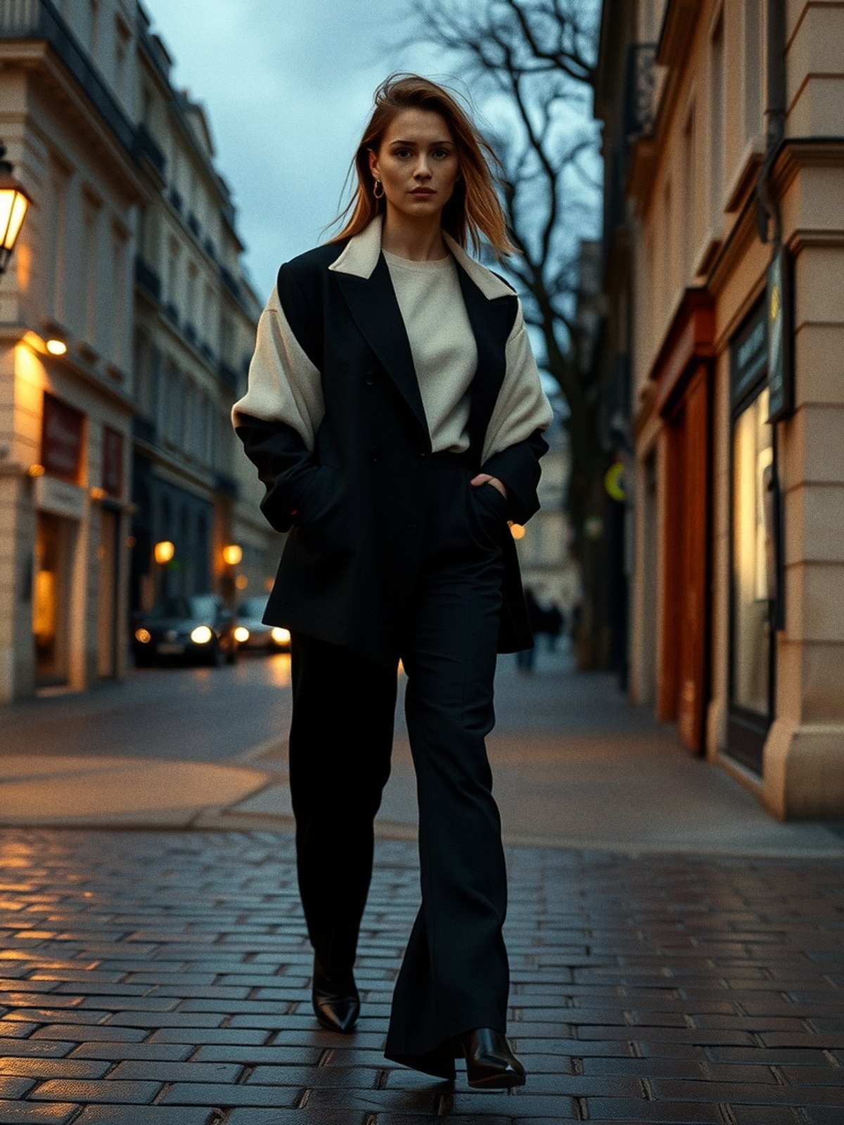 Mannequin portant un cardigan en cachemire noué sur les épaules, sur un pantalon droit, dans une rue parisienne au crépuscule