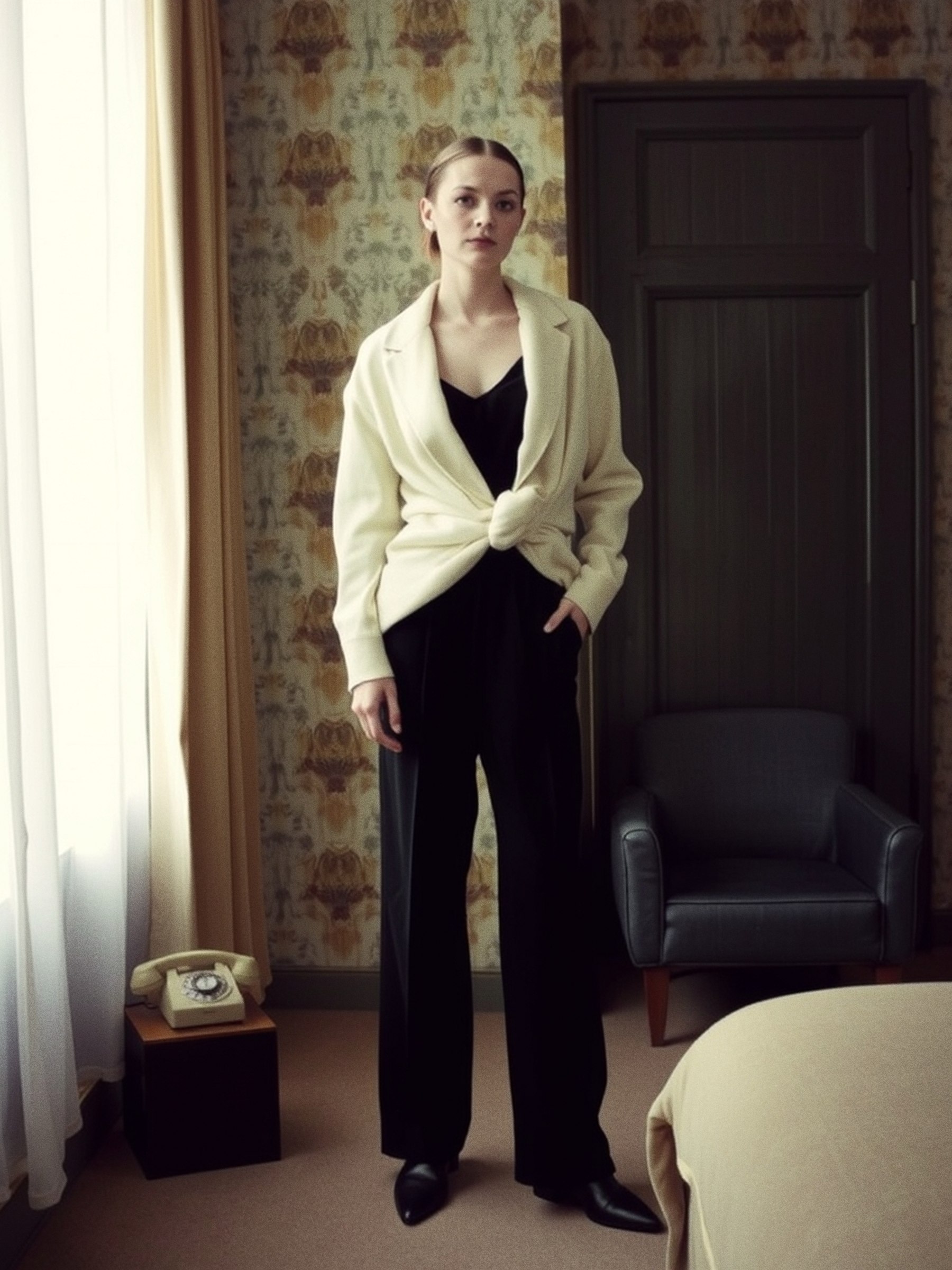 Mannequin portant un cardigan en cachemire, style éditorial argentique, dans un décor parisien épuré