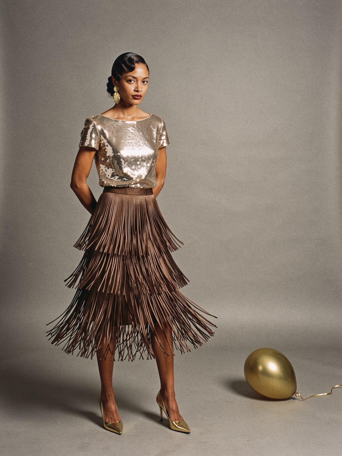 Mannequin en haut à sequins champagne mats et jupe à franges bronze mi-mollet, talons dorés à bout pointu