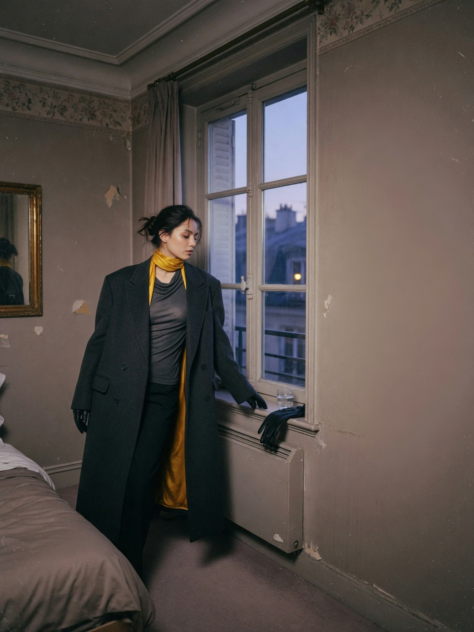 Manteau oversize en laine sombre porté près d'une fenêtre, gant de cuir posé sur le rebord, lumière de fin de journée.