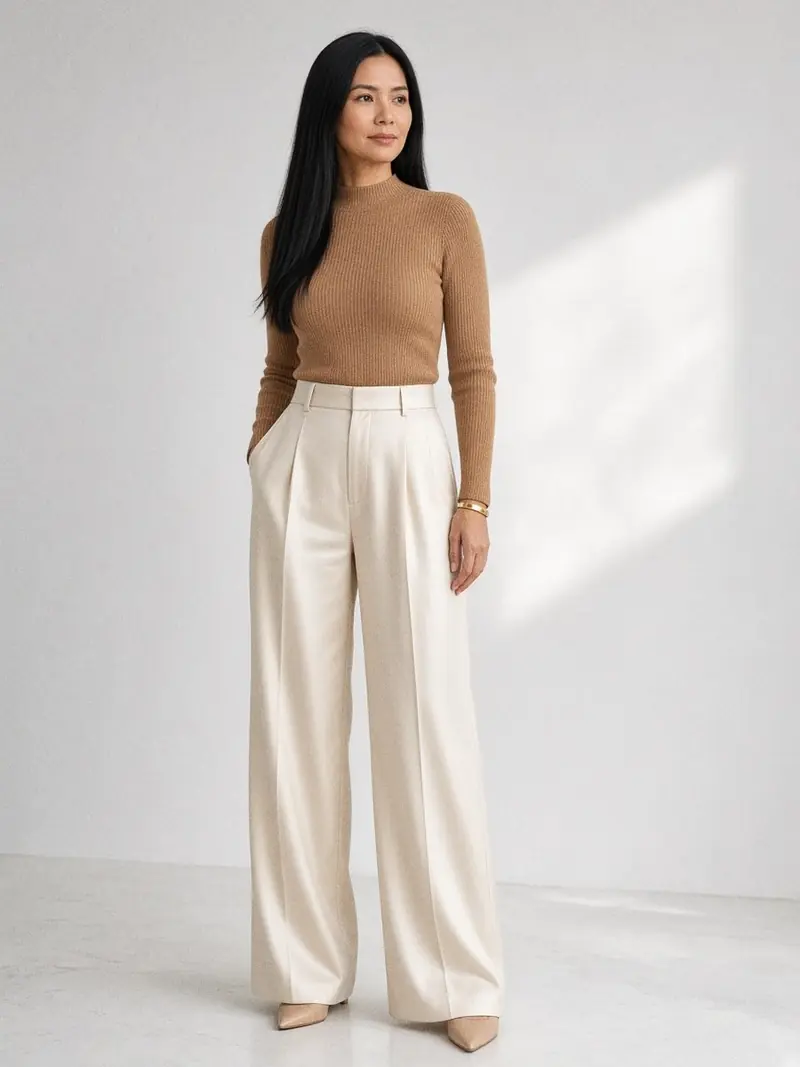 Illustration, mannequin fictif : Femme en pantalon large satiné écru et maille fine camel rentrée dans la taille haute, mules nude à bout pointu.