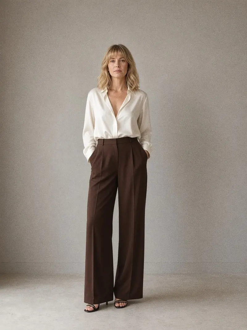 Illustration, mannequin fictif : Gros plan en contre-bas sur le bas d'un pantalon fluide marron chocolat et une sandale noire à brides fines.