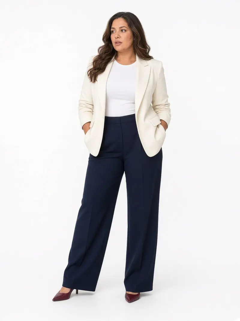 Illustration, mannequin fictif : Femme en pantalon fluide bleu marine, blazer court crème à épaules structurées sur un tee-shirt blanc, escarpins bordeaux.