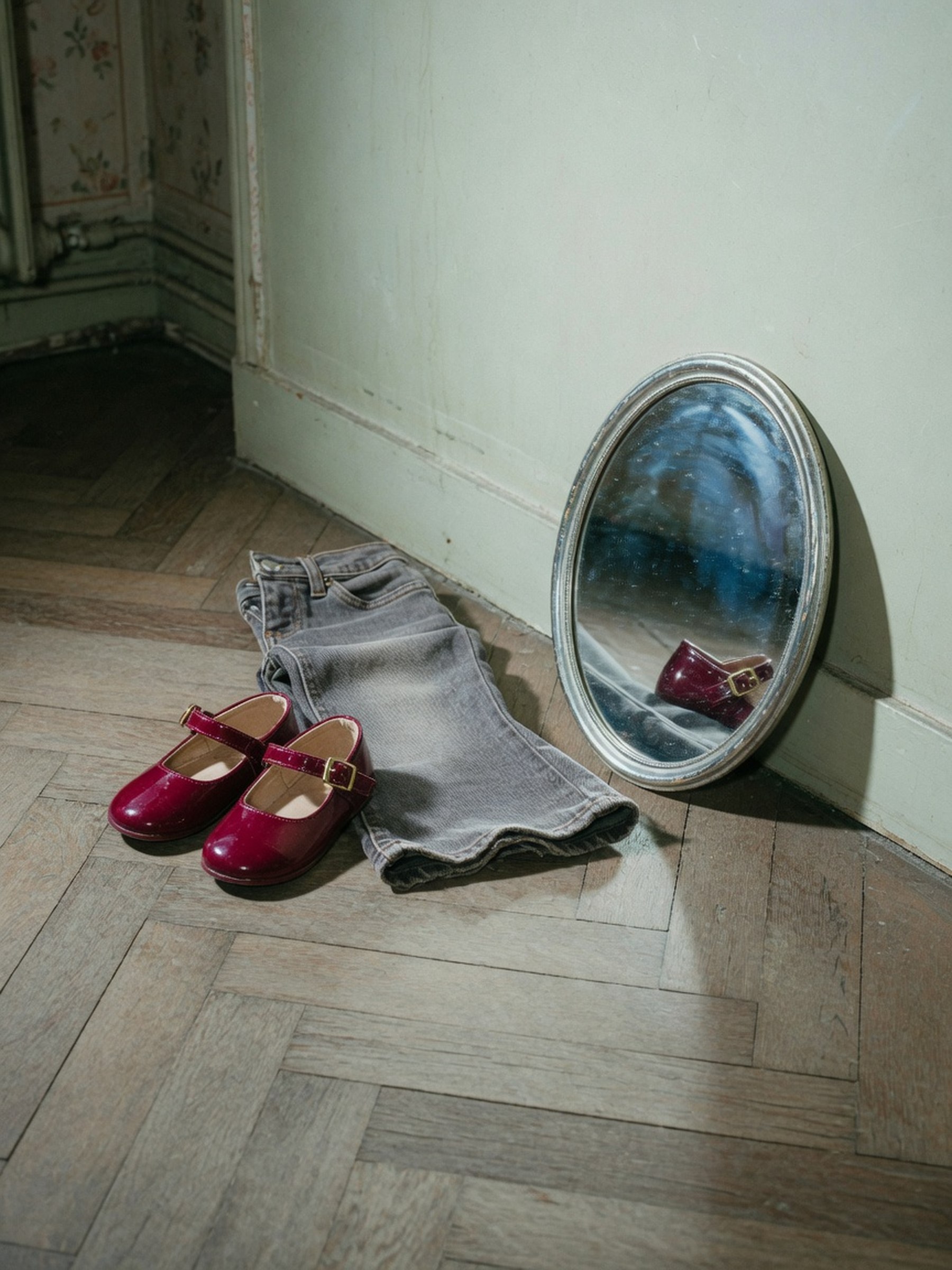 Nature morte : babies vernies bordeaux à bride sur un parquet, à côté d'un jean flare plié, lumière de flash direct.