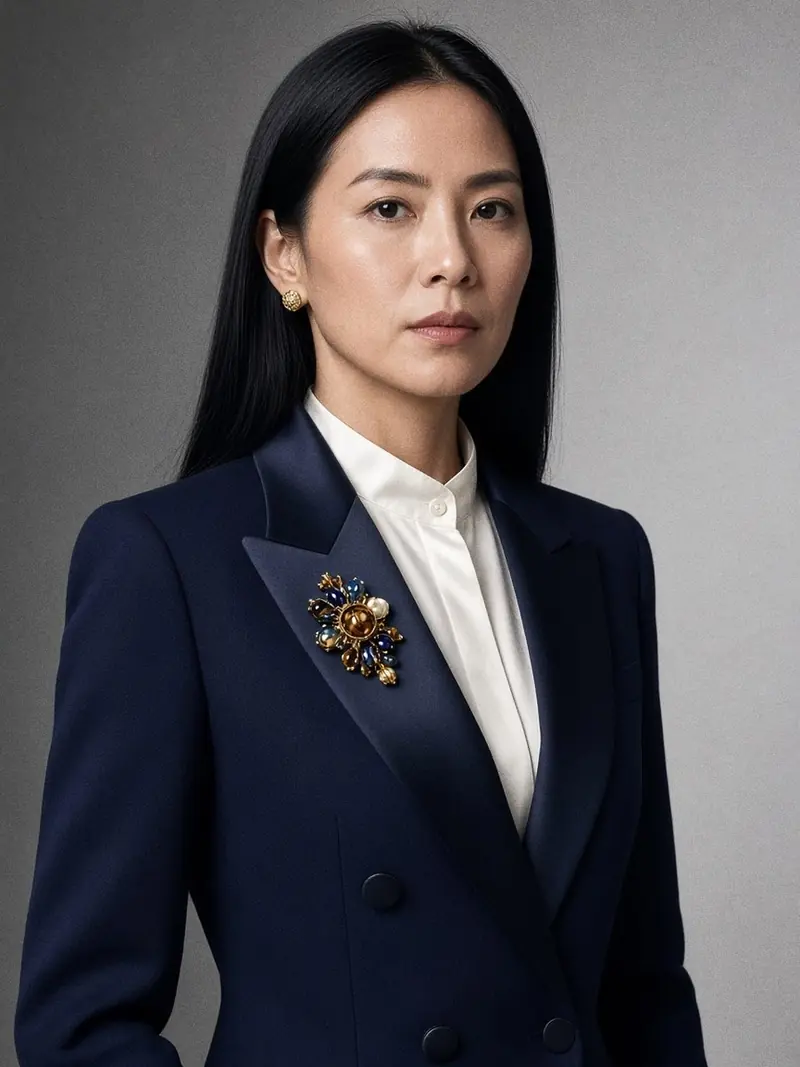 Illustration, mannequin fictif : Femme en veste de smoking croisée bleu nuit, revers gauche en satin et revers droit mat, broche en perles et laiton doré épinglée sur le revers.