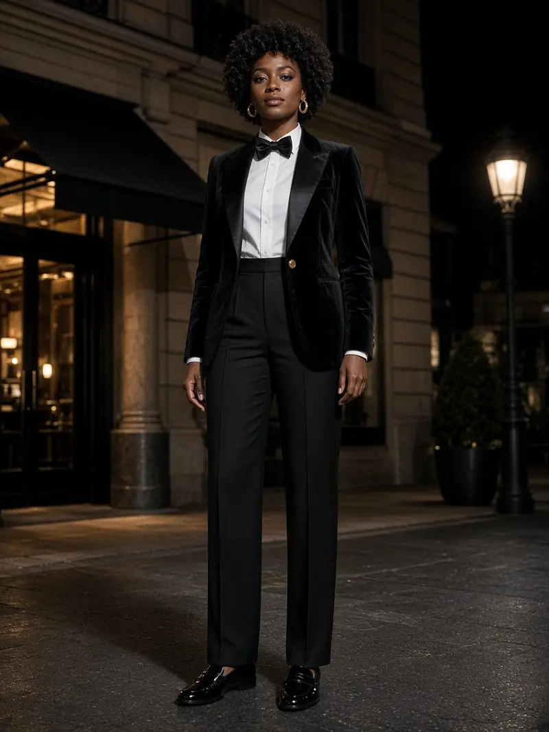 Illustration, mannequin fictif : Femme debout en veste de smoking en velours noir, pantalon en laine noire plissé, chemise blanche, nœud papillon en satin noir et mocassins vernis.