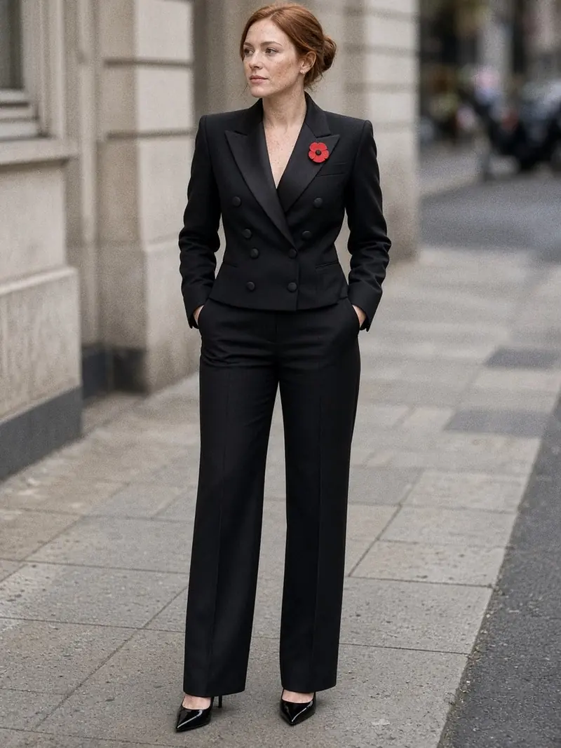 Illustration, mannequin fictif : Femme en veste de smoking croisée noire fermée à revers pointus et boutons satinés, coquelicot rouge en tissu au revers, pantalon droit noir et escarpins vernis.