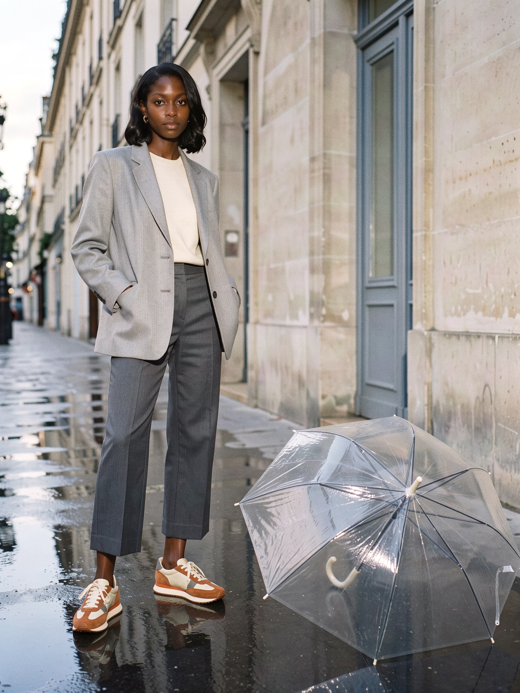 Mannequin en baskets daim sur un trottoir mouillé au crépuscule