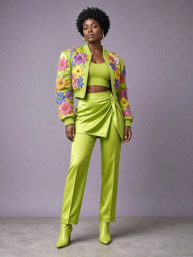 Illustration, mannequin fictif : Mannequin en blouson vert lime à fleurs multicolores, débardeur vert, jupe portefeuille satinée verte sur pantalon vert et bottines vertes.