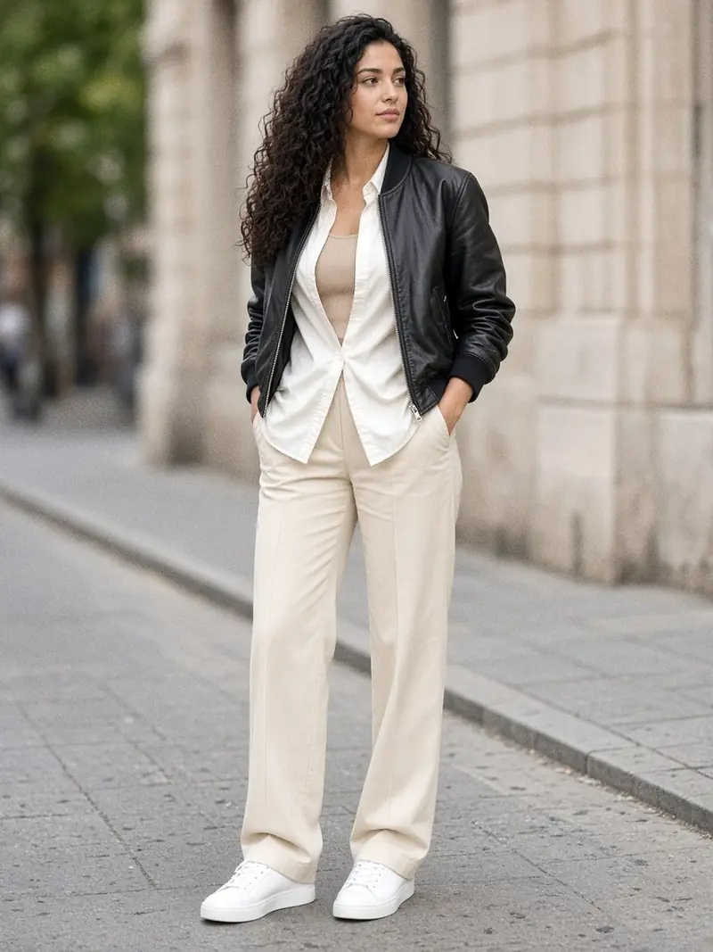 Illustration, mannequin fictif : Mannequin en blouson de cuir noir structuré ouvert sur une chemise ivoire et un débardeur ton chair, pantalon crème droit et baskets blanches.