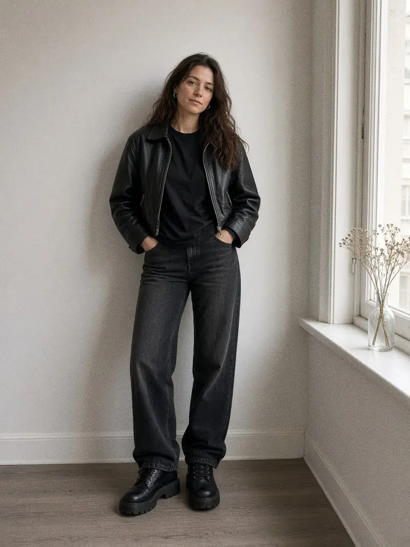 Illustration, mannequin fictif : Une femme en t-shirt noir ample rentré à moitié dans un jean noir délavé droit, boots de combat noires lacées et veste courte en cuir noir, de face sur un trottoir.