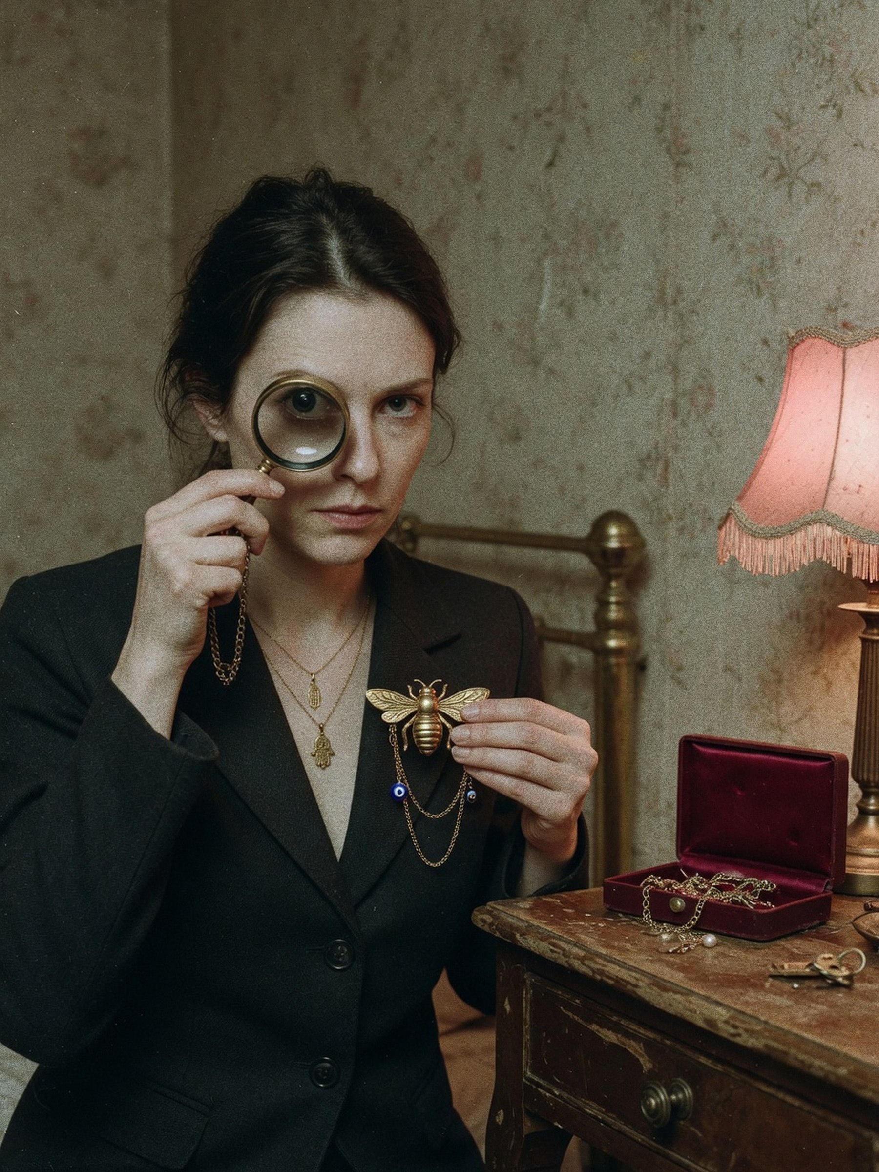 Une femme examine une broche ancienne en or à l'aide d'une loupe de bijoutier, devant un coffret à bijoux ouvert.