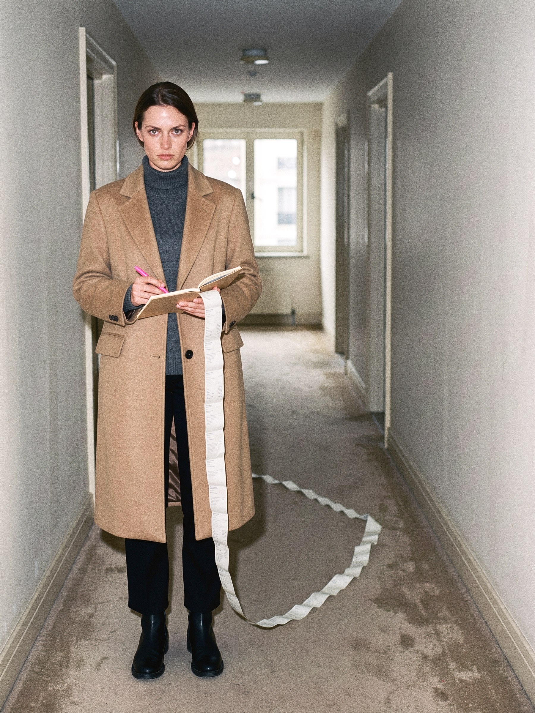 Mannequin en manteau de laine sombre dans un couloir d'hôtel, carnet ouvert et stylo rose néon à la main