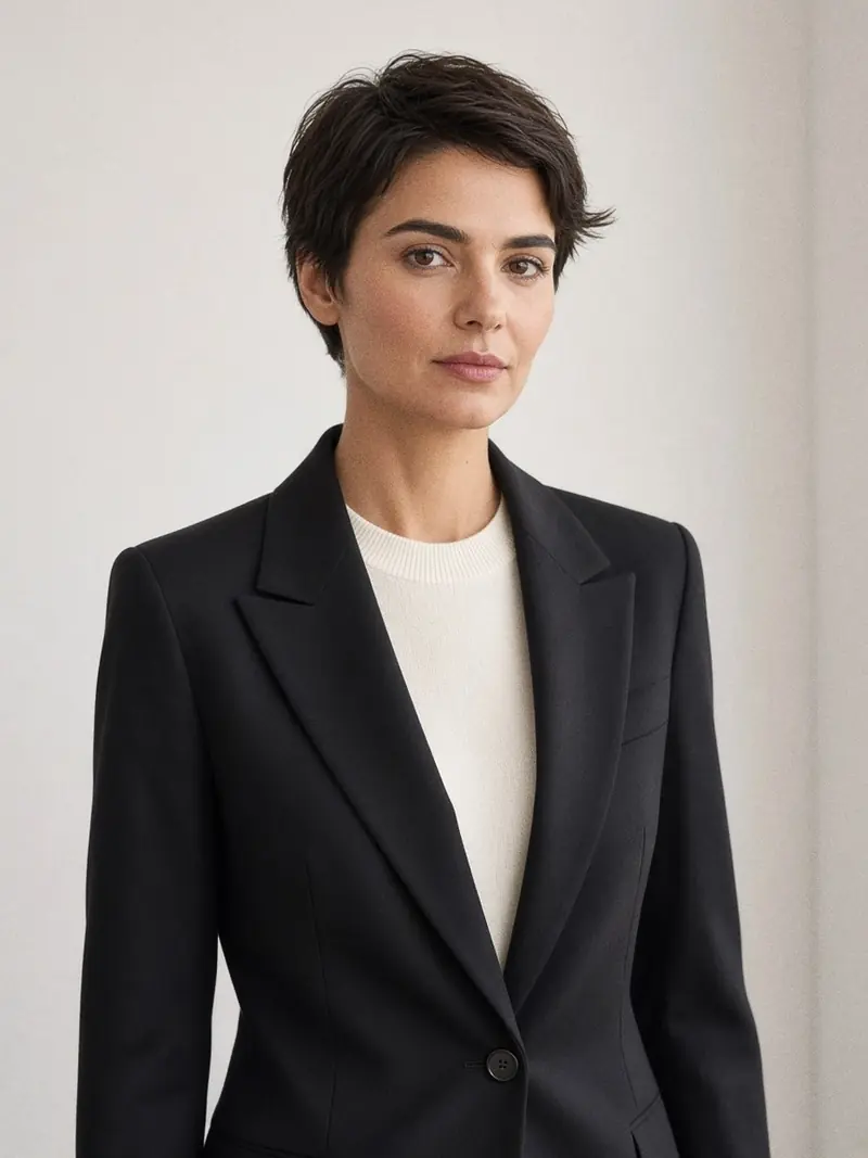 Illustration, mannequin fictif : Détail d'un blazer en cuir d'agneau noir mat à revers cranté, boutonné sur une maille ivoire fine, épaule structurée.