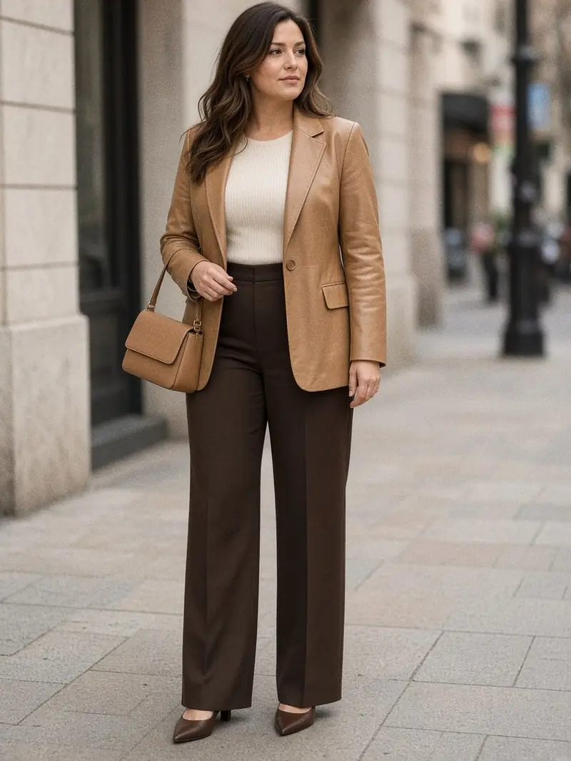 Illustration, mannequin fictif : Femme en blazer en cuir camel boutonné sur une maille crème, pantalon droit chocolat et escarpins fermés.