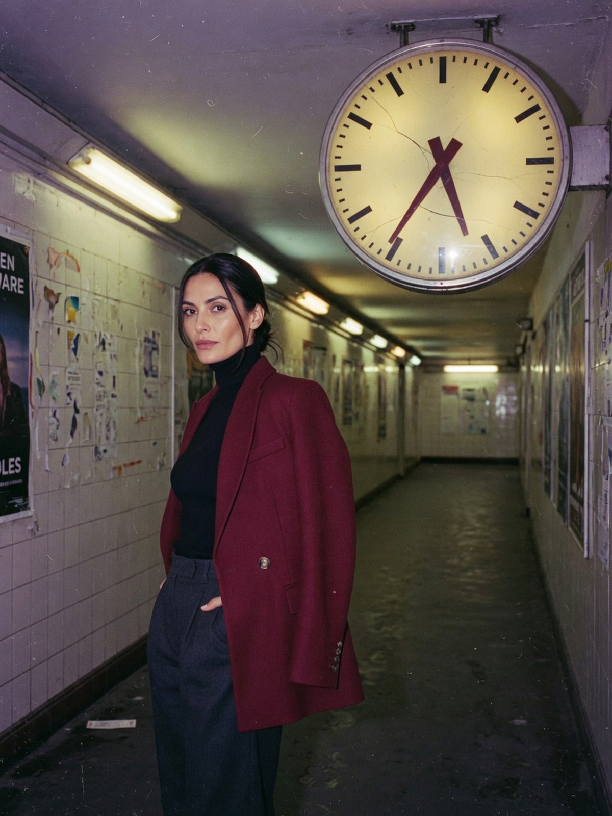 Un blazer souple porté sur l'avant-bras dans un couloir de métro, à l'heure de la sortie de bureau.