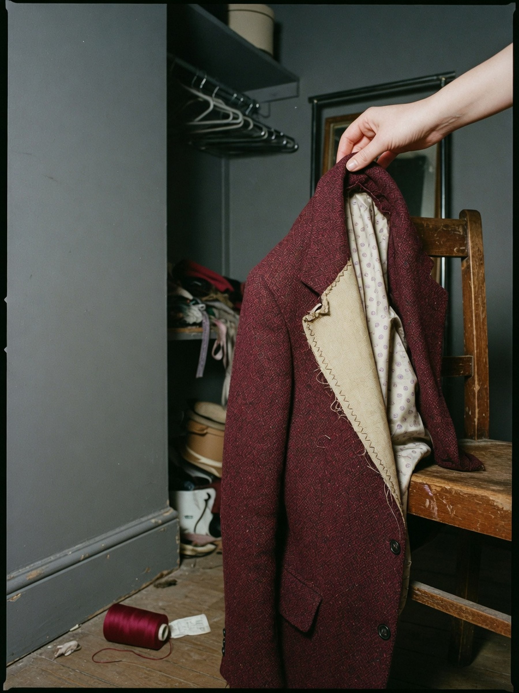 Détail en gros plan d'une main soulevant le revers d'un blazer en tweed bordeaux pour vérifier sa construction intérieure