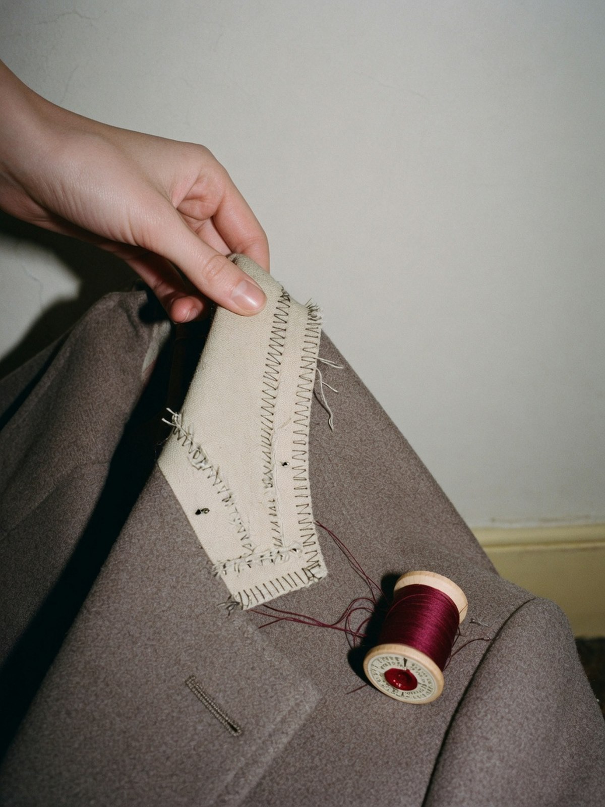 Gros plan sur une main pliant le revers d'un blazer en laine taupe pour vérifier l'entoilage intérieur