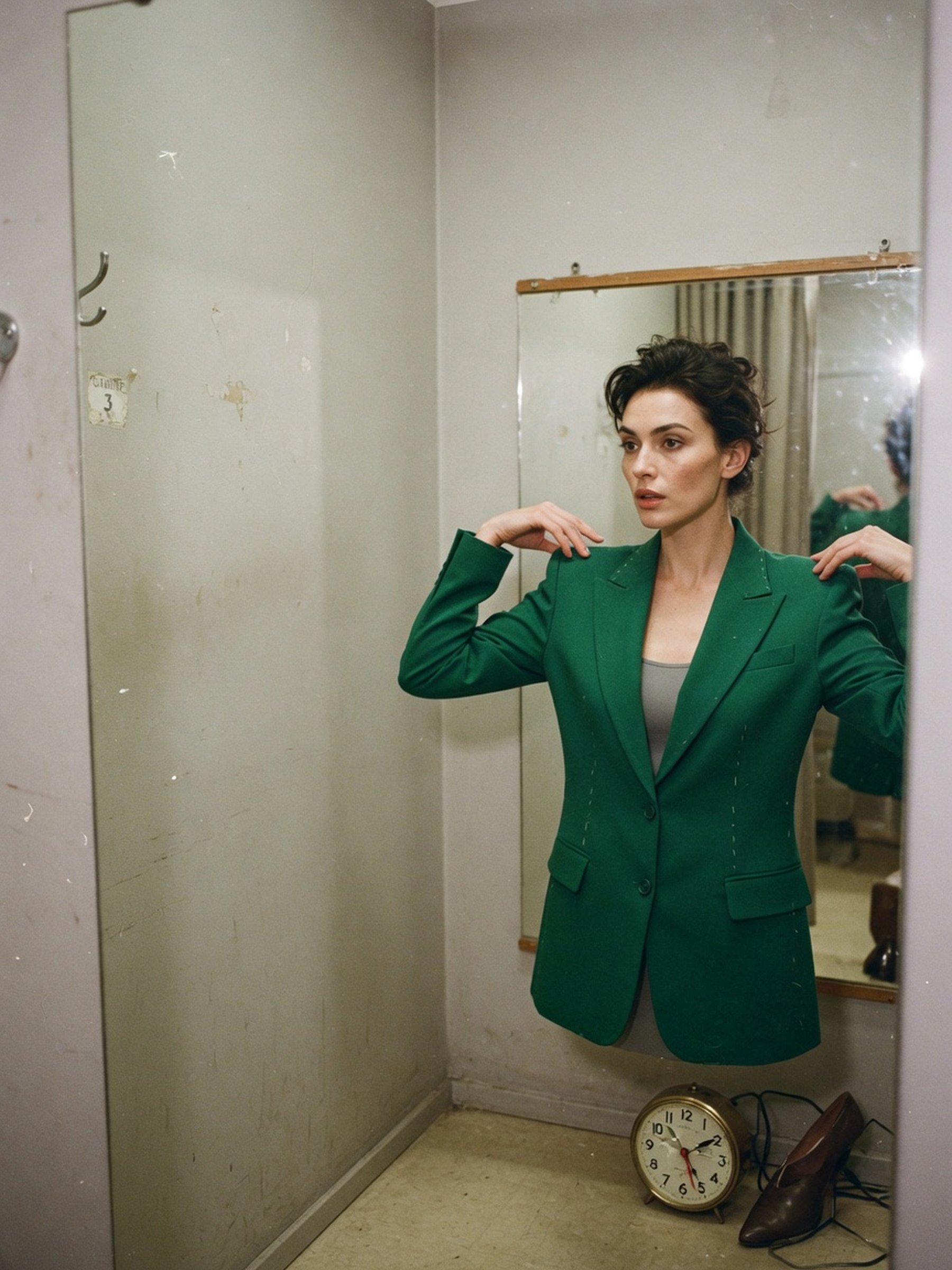 Femme en cabine d'essayage levant les bras pour tester l'aisance d'un blazer structuré vert émeraude.