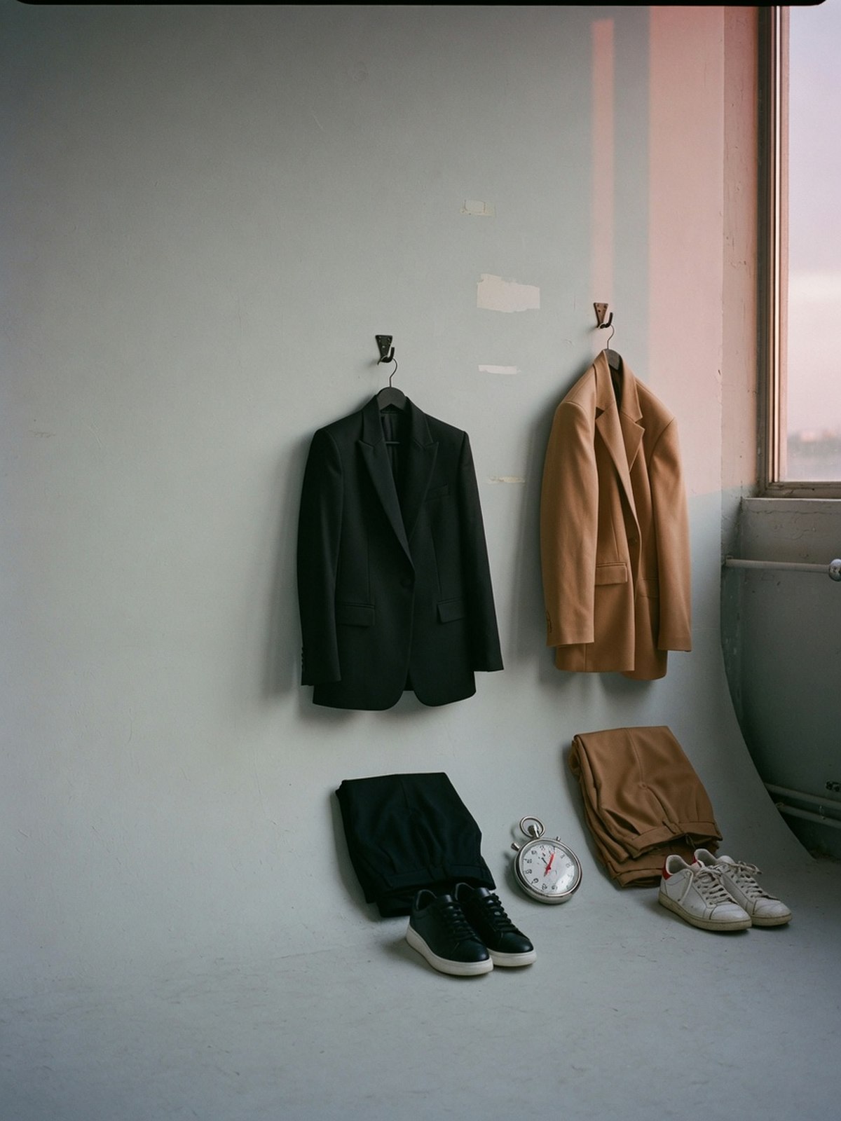 Comparaison côte à côte d'un blazer noir structuré et d'un blazer camel oversize, chacun avec les pièces associées à son usage