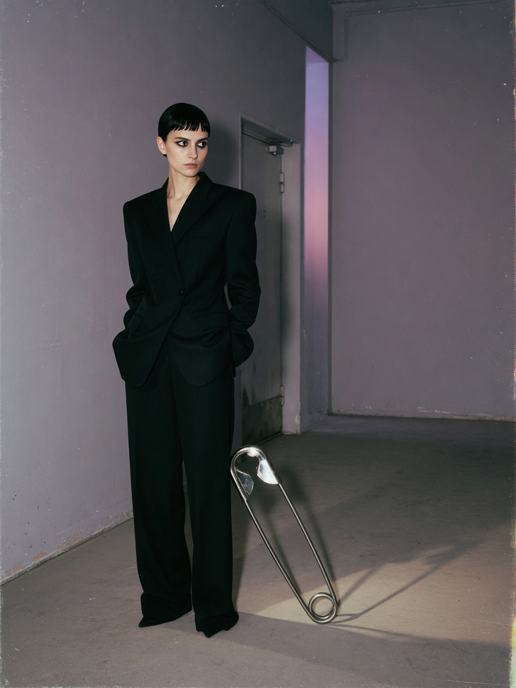 Blazer noir structuré porté avec un pantalon large, silhouette architecturale sur fond neutre