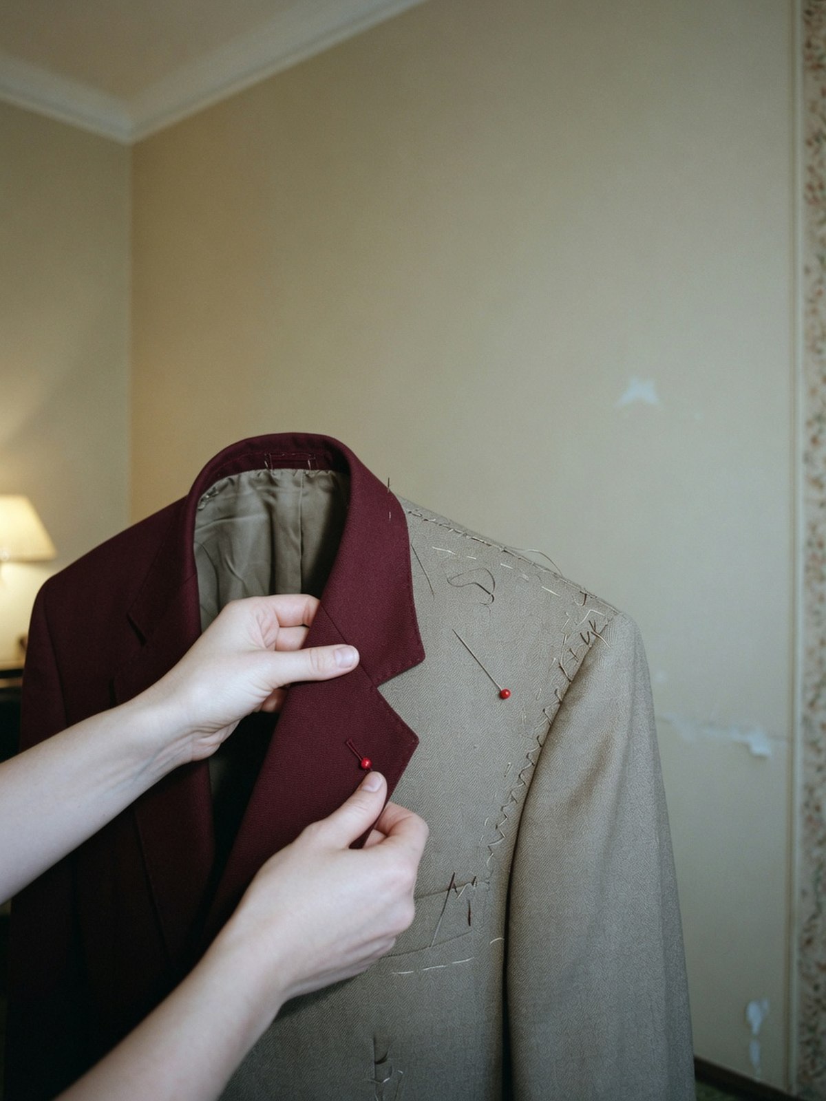 Gros plan sur deux mains ouvrant le revers d'un blazer pour vérifier l'entoilage et la couture d'épaule.