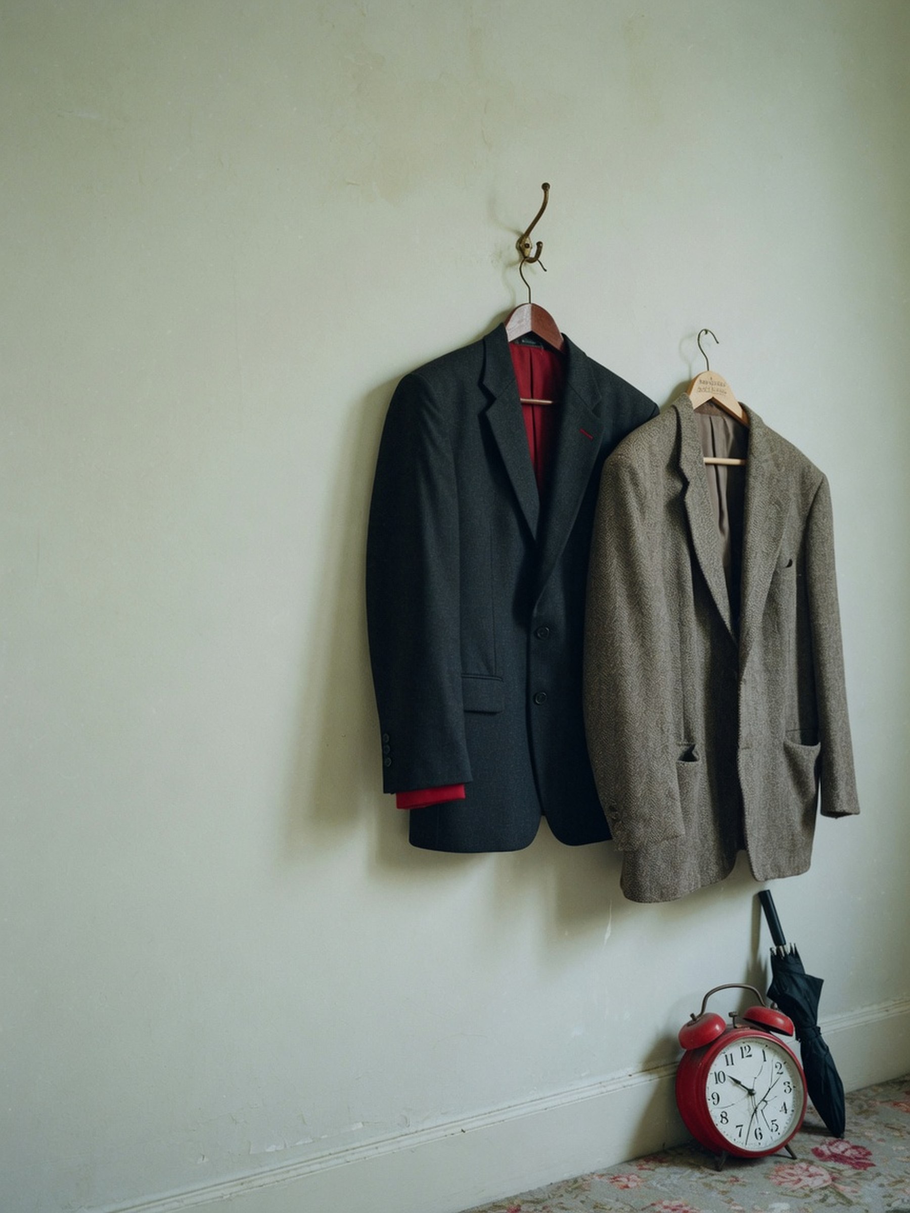 Deux blazers posés côte à côte dans un intérieur, l'un en laine structurée à épaules marquées, l'autre en tweed souple, illustrant les deux familles de coupes de la rentrée