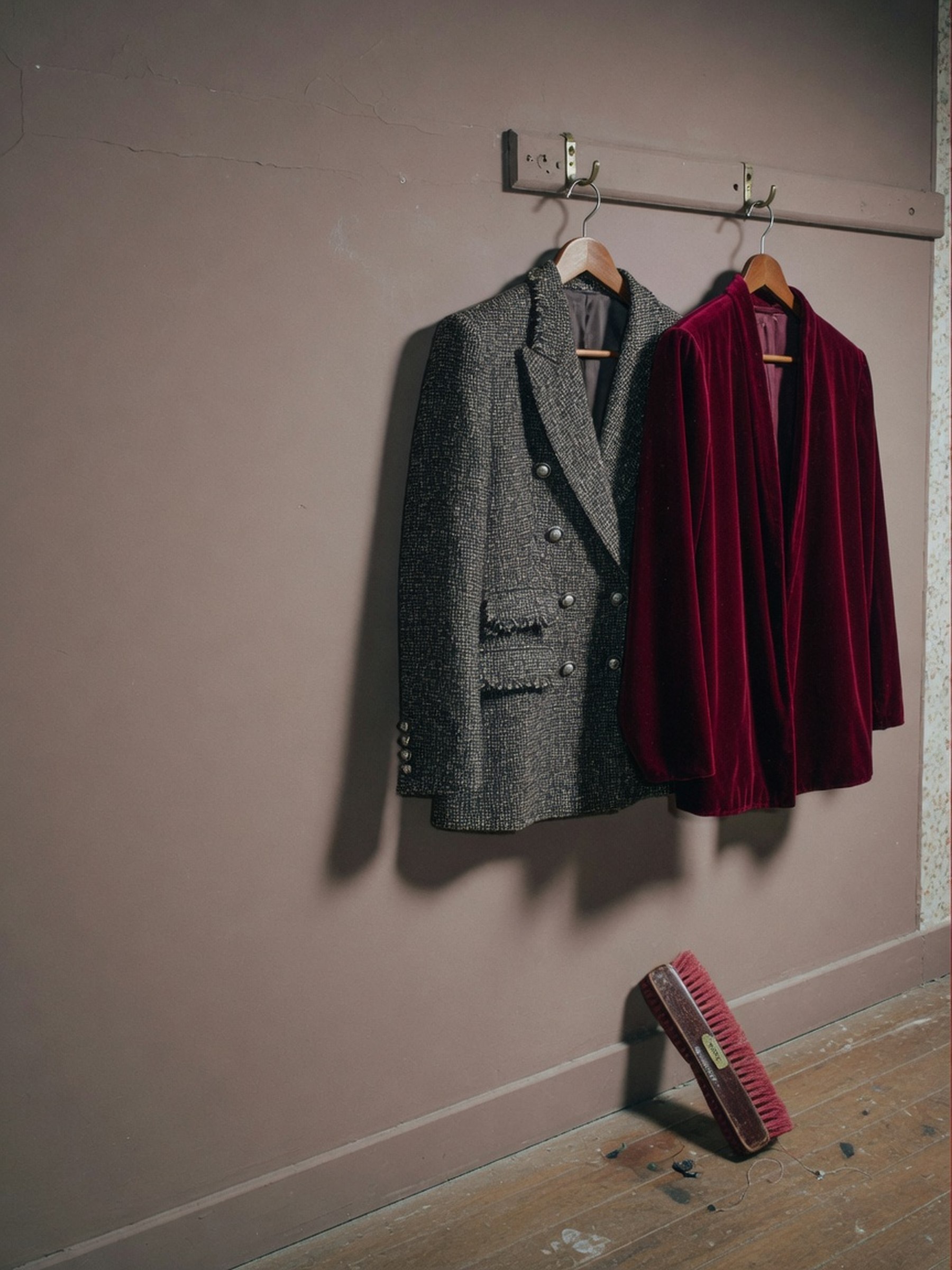 Blazer en tweed structuré posé à côté d'un blazer en velours souple, sur un fond neutre, dans une composition photo argentique