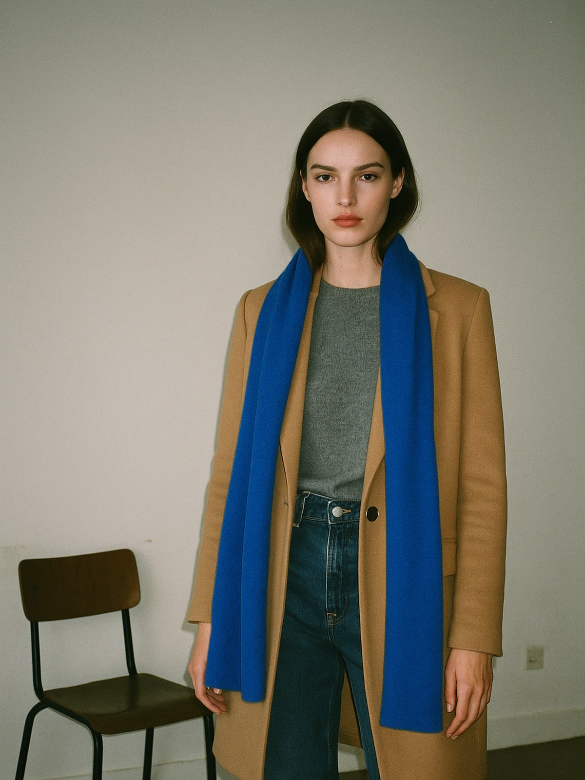 Tenue composée de denim brut, gris et camel avec un accessoire bleu cobalt