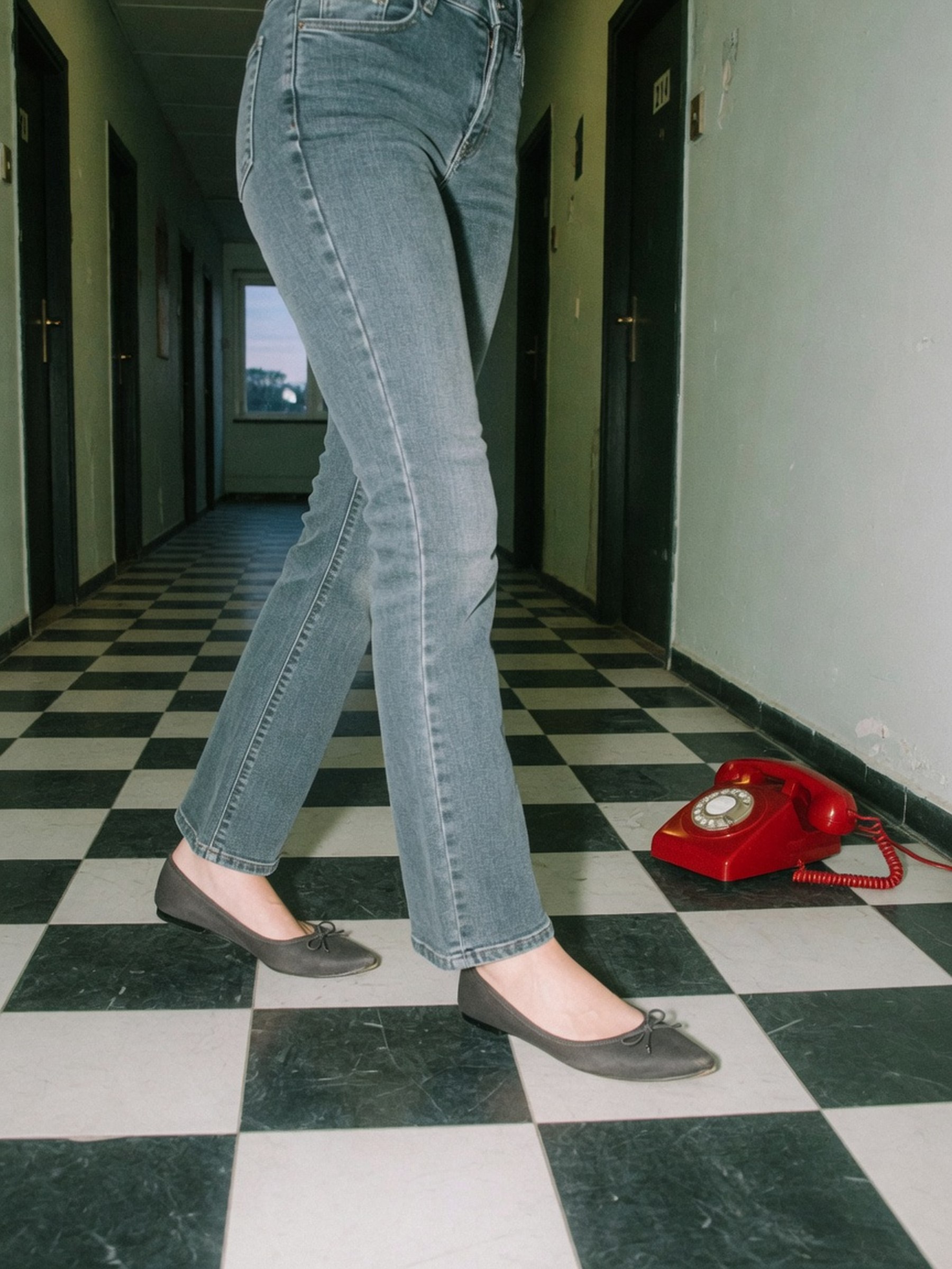 Gros plan sur des jambes en jean bootcut slim et ballerines plates, cadrage sans visage.