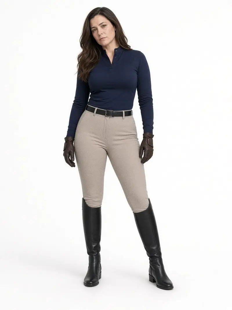 Illustration, mannequin fictif : Femme en pantalon d'équitation beige et chemise marine, bottes noires lisses à tige rigide montant au genou.