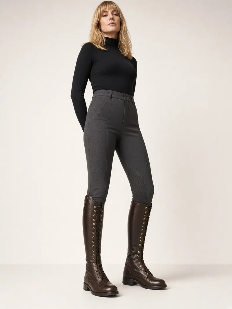 Illustration, mannequin fictif : Gros plan sur une botte d'équitation marron foncé lacée sur le dessus du pied, pantalon d'équitation gris.