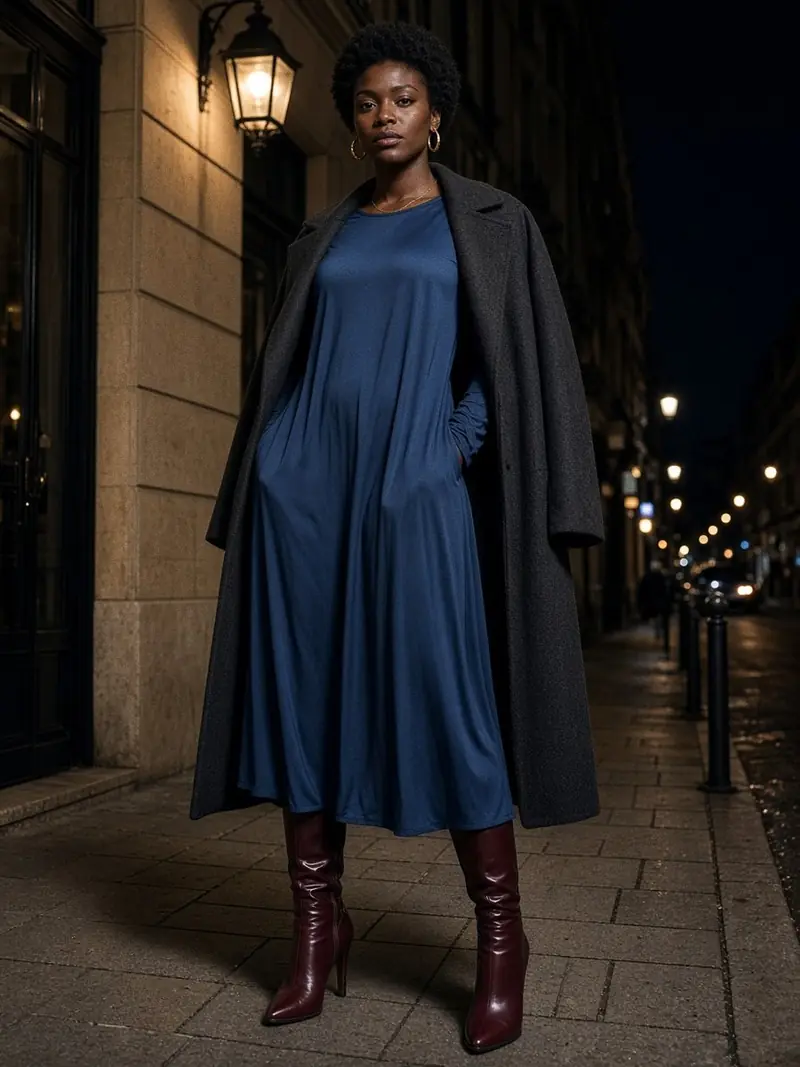 Illustration, mannequin fictif : Femme en robe longue bleu encre et manteau de laine gris, bottes hautes en cuir bordeaux apparaissant sous l'ourlet.