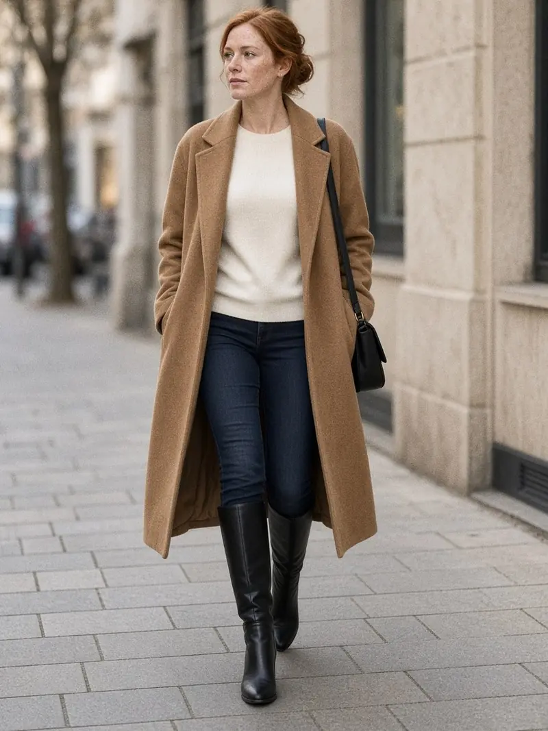 Illustration, mannequin fictif : Femme en manteau camel ouvert, pull crème et jean skinny foncé rentré dans des bottes plates noires à semelle fine