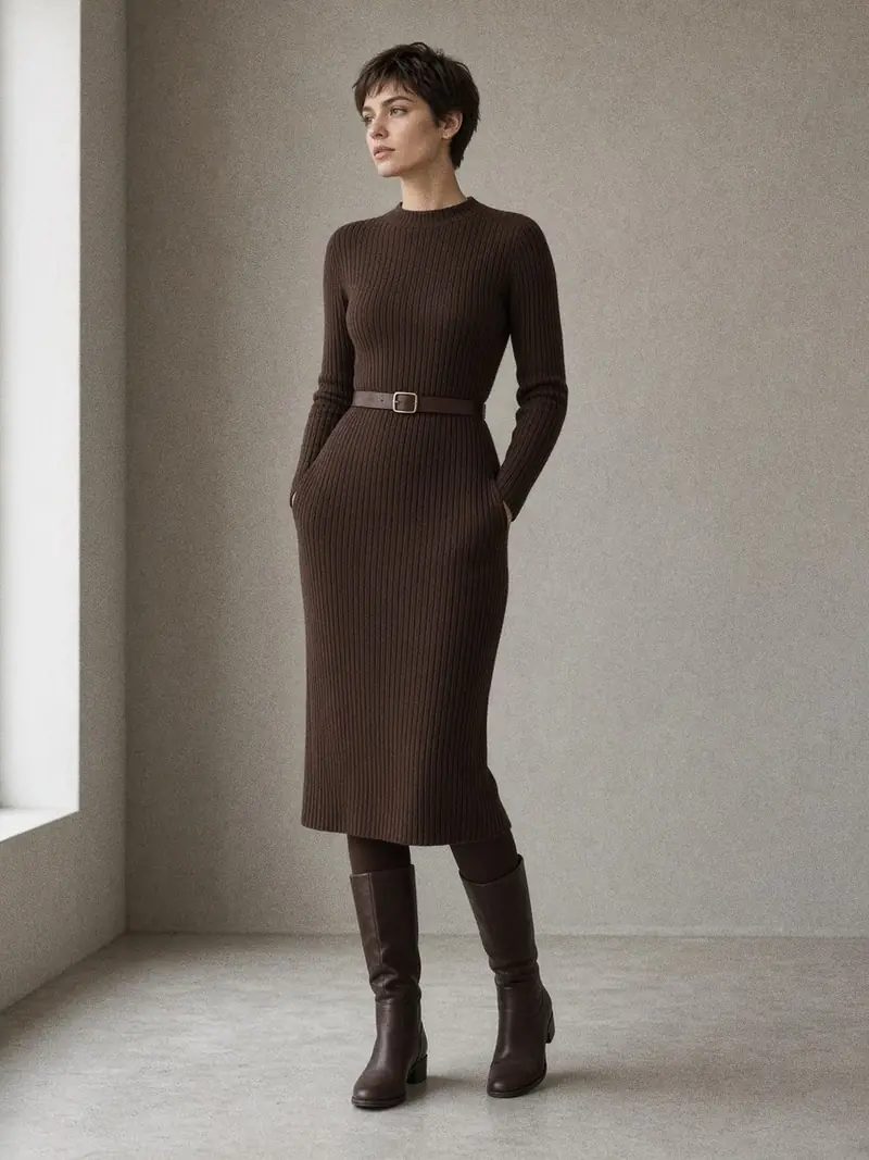 Illustration, mannequin fictif : Robe midi en maille côtelée chocolat portée avec collant et bottes plates hautes du même brun