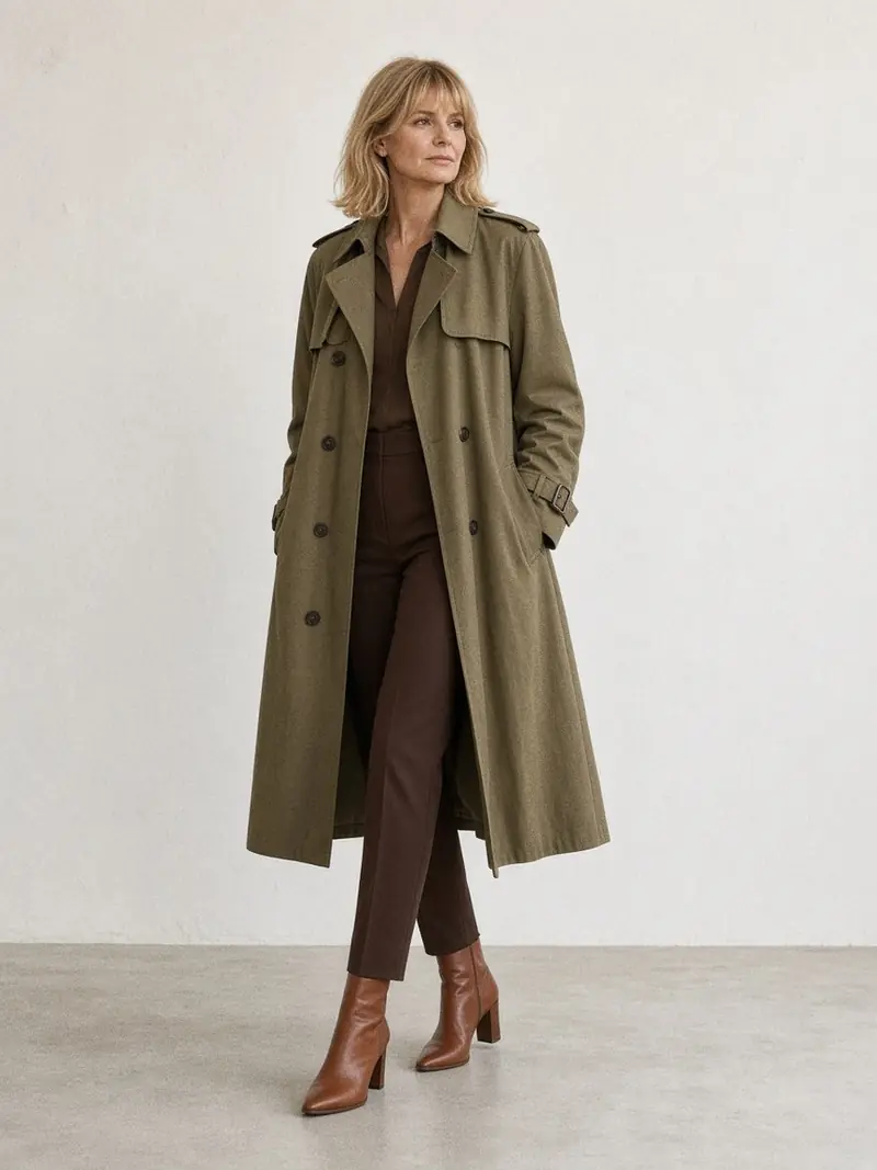 Illustration, mannequin fictif : Détail de bottines plates en cuir cognac à bout pointu portées avec un pantalon slim marron foncé