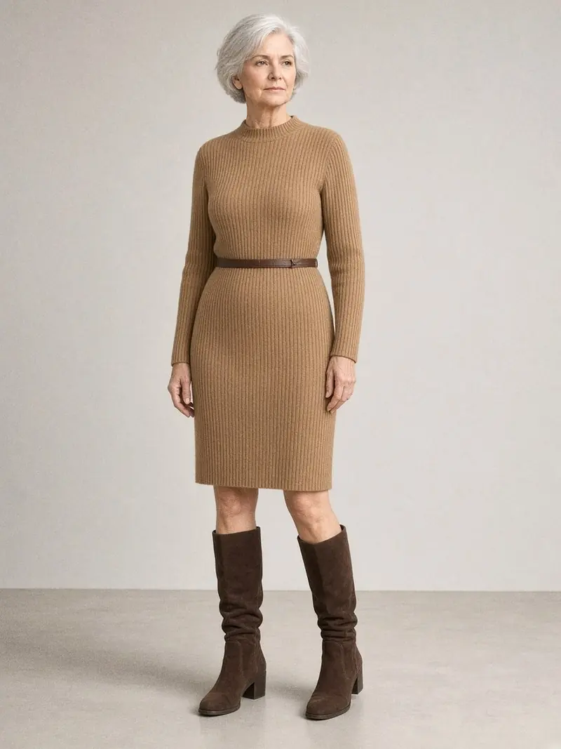 Illustration, mannequin fictif : Femme debout en robe en maille côtelée camel et bottes hautes en nubuck brun à tige souple froncée au-dessus de la cheville.