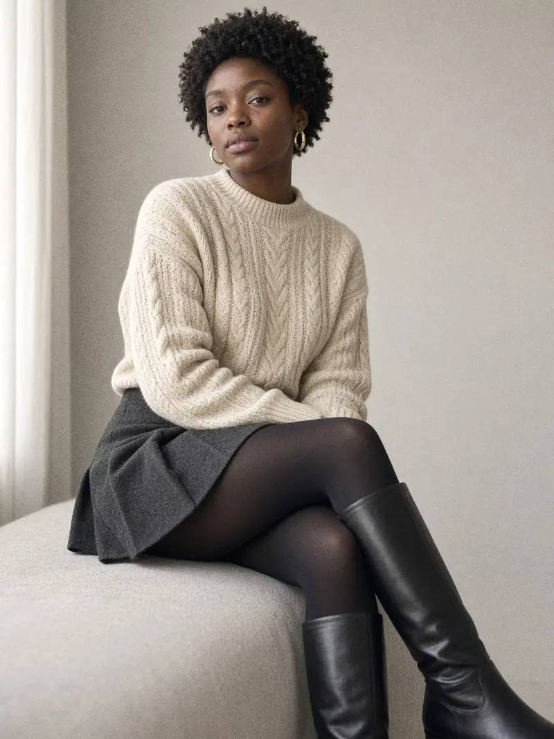 Illustration, mannequin fictif : Détail des jambes d'une femme en collants opaques noirs et bottes hautes en cuir d'agneau noir plissées de fins plis horizontaux.