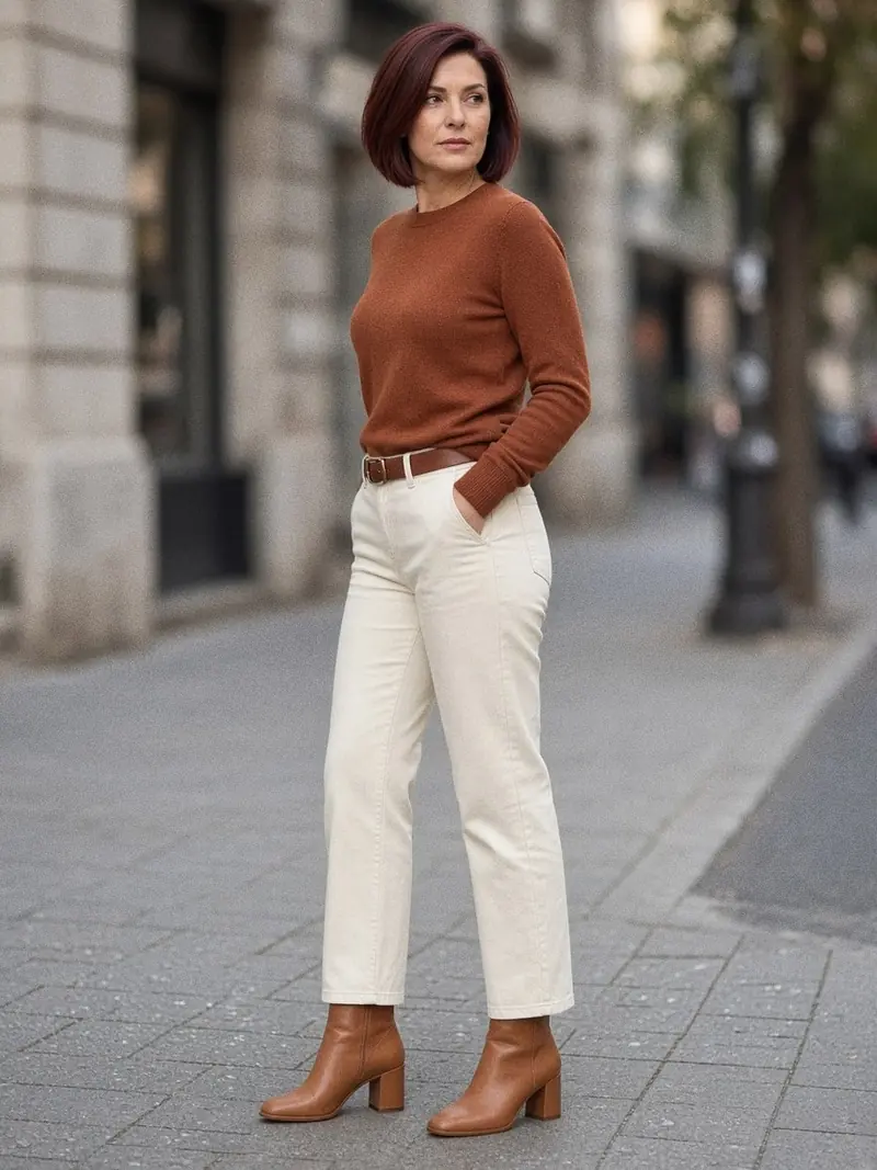 Illustration, mannequin fictif : Femme debout en jean droit écru et pull rouille, bottines marron caramel à bout carré, ourlet du jean posé sur la tige.